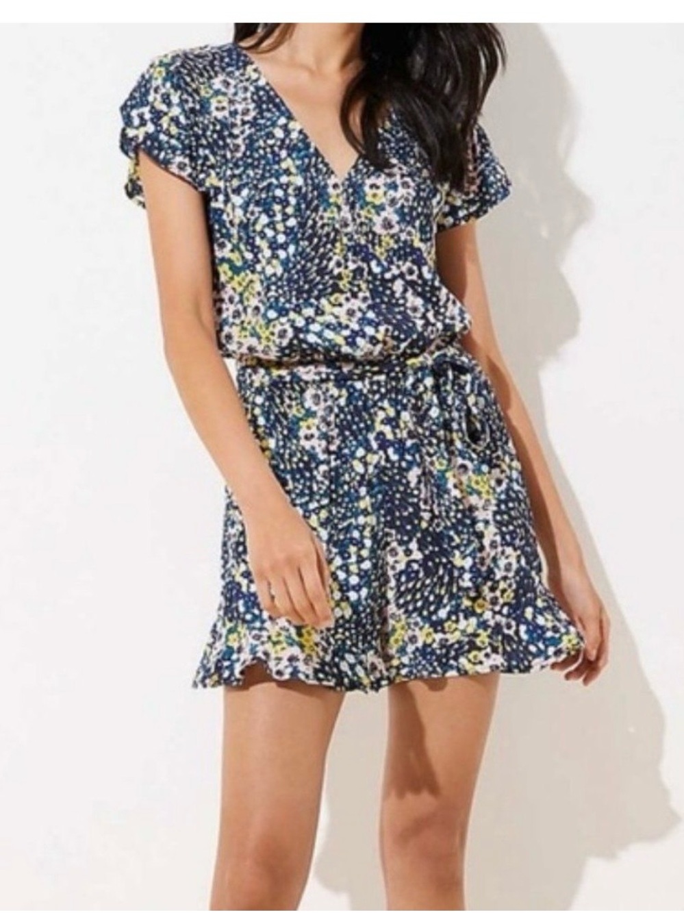 Loft flutter sleeve romper in Navy with Pink & Yellow Flowers